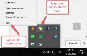 Closing Evernote Sticky Notes application from taskbar