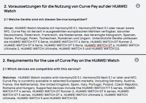 Curve Pay compatibility statement on the official Huawei Austria website