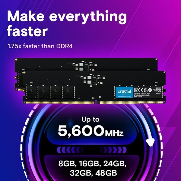 Crucial 32GB DDR5 4800MHz UDIMM Desktop PC Memory - High-quality Computer Memory Modules Available now with fast shipping worldwide