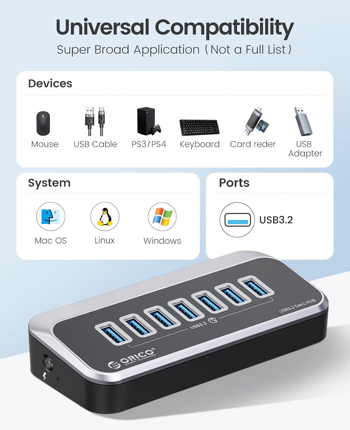 Hub USB 7 Puertos ORICO M3U3-7A-10 USB 3.2 5Gbps - Alta calidad Concentradores USB Disponible ahora con envío rápido a todo el mundo