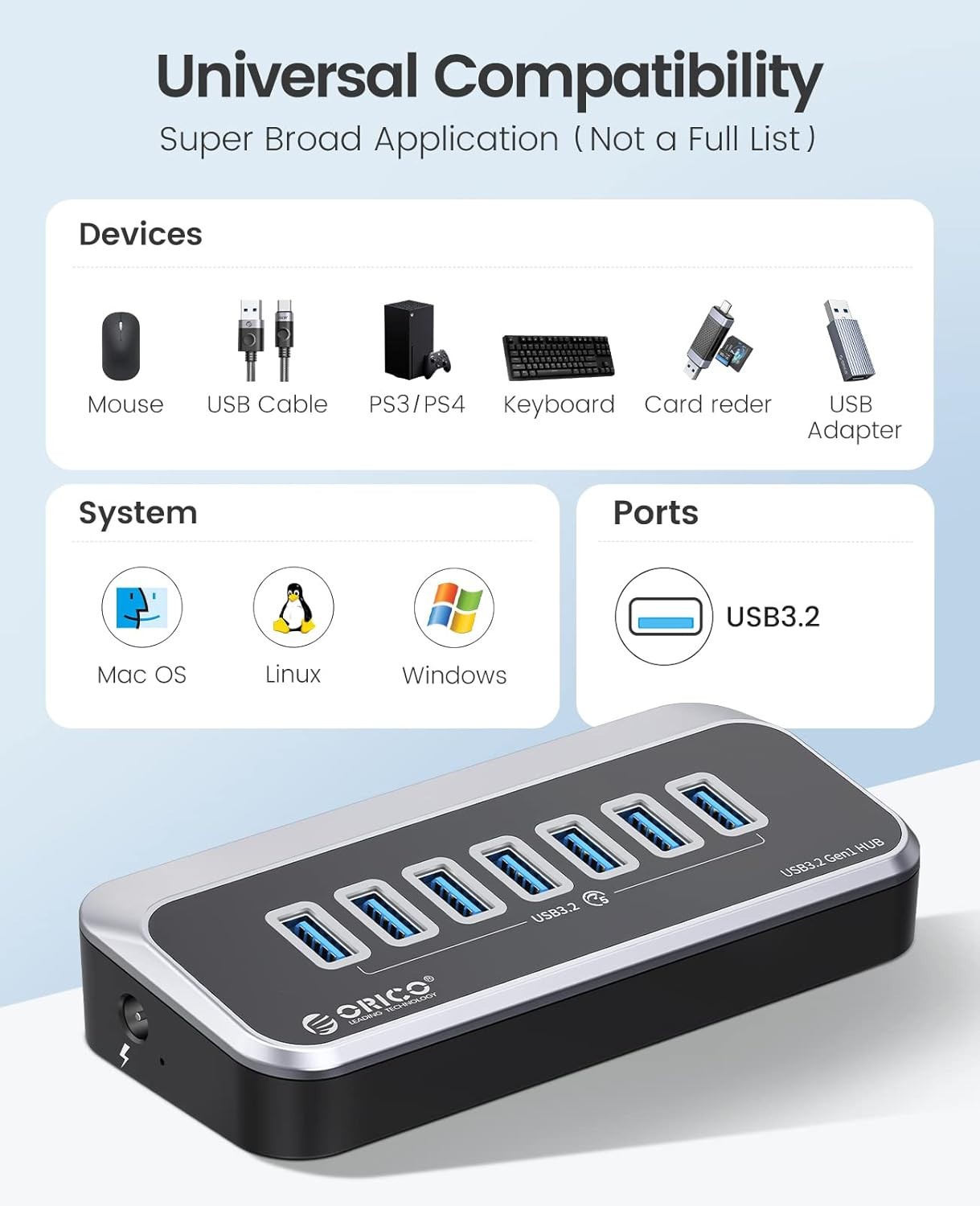 ORICO 7-Port USB 3.2 Hub 5Gbps USB Splitter M3U3-7A-10 - High-quality USB Hubs Available now with fast shipping worldwide