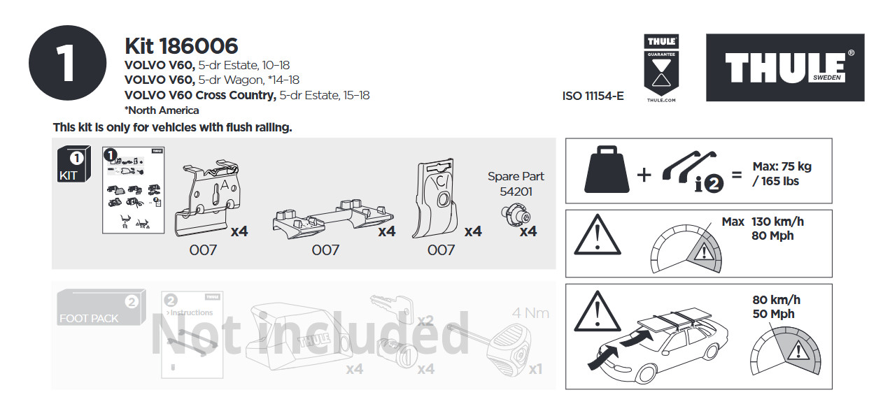 THULE Kit 186006 Volvo V60 Montagesatz bündige Reling - Hochwertig Dachträger Montagesätze Jetzt verfügbar mit schnellem weltweiten Versand
