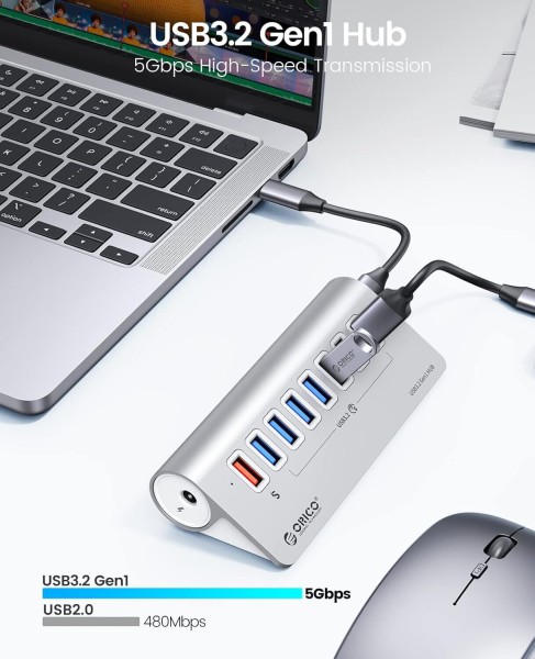 ORICO M3U7Q1 Alu 7 Port USB 3.2 Hub mit 18W PD Ladeport - Hochwertig USB Verteiler Jetzt verfügbar mit schnellem weltweiten Versand