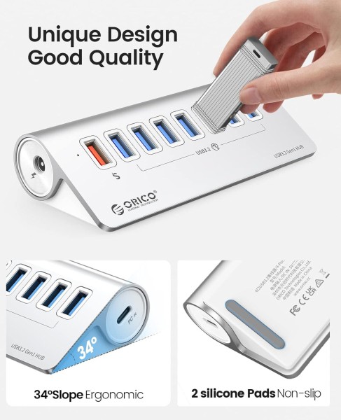 ORICO M3U7Q1 Alu 7 Port USB 3.2 Hub mit 18W PD Ladeport - Hochwertig USB Verteiler Jetzt verfügbar mit schnellem weltweiten Versand