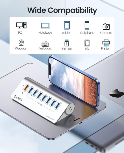 ORICO M3U7Q1 Alu 7 Port USB 3.2 Hub mit 18W PD Ladeport - Hochwertig USB Verteiler Jetzt verfügbar mit schnellem weltweiten Versand